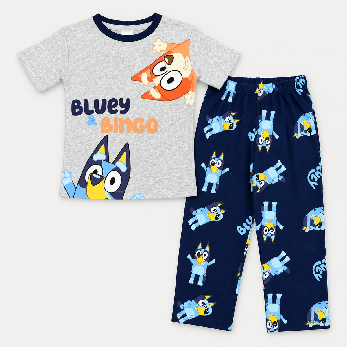 Pijama Bluey y Bingo gris y azul marino — 3-conjunto-flat-lay